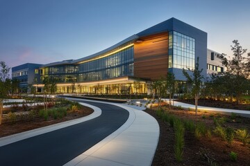 Obraz premium Modern office building at dusk with curved driveway approach. Perfect to show corporate headquarters and business environments.