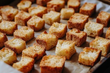 Freshly toasted croutons on parchment for vibrant salads and soups - ideal for culinary lovers and home cooks aiming to enhance their recipes