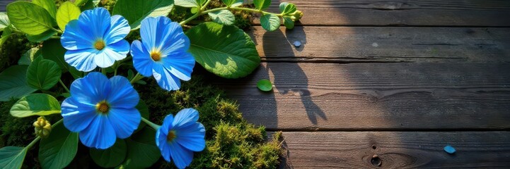 Sun-drenched blue floral arrangement on mossy wood, blue flowers, vibrant, arrangement