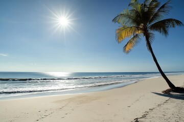 Obraz premium Serene tropical beach with golden sand, swaying palm, and gentle waves under the sun