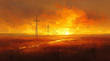 Obraz premium Fiery Orange Sunset Over a Rural Field