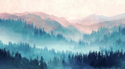 Obraz premium Watercolor of landscape forest misty mountains horizon and fog and hills,pine tree fir tree,Autumn forest background,drawn by hand,Autumn illustration design elements for landscape,wallpaper.