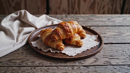 Artisanal butter croissants displayed on vintage wooden surface with natural lighting. Perfect capture of traditional baking craftsmanship and culinary excellence