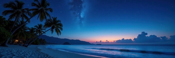 Obraz premium Starry night sky over tranquil tropical beach, palm trees silhouette , beautiful, exotic, panoramic view