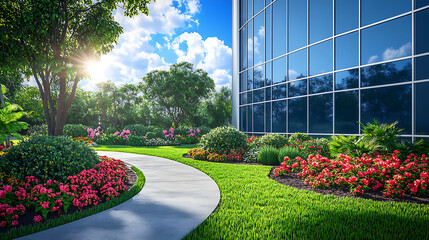Sunlit Garden Pathway With Red Flowers Trees And Reflective Glass Building In A Bright Sunny Day