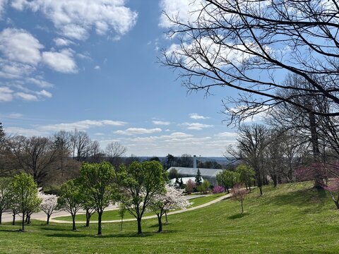 View of Krohn Conservatory on hillside in Eden Park, Cincinnati