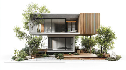 Fototapeta premium Modern two story house with large windows and wooden accents, surrounded by greenery