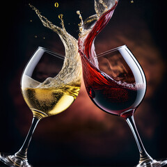 glass of red wine and a glass of white wine clinking together