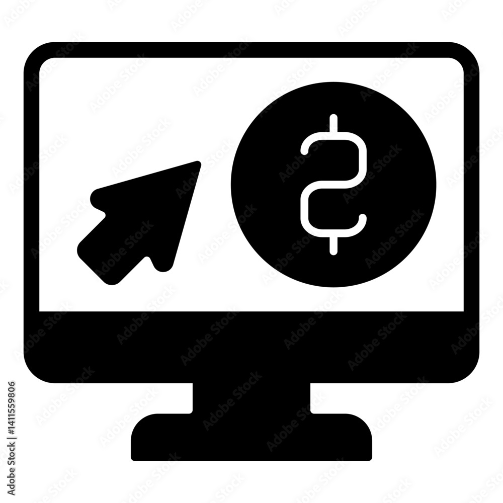 Poster display with money app and cursor solid icon, bank account concept. vector graphics. monitor with co