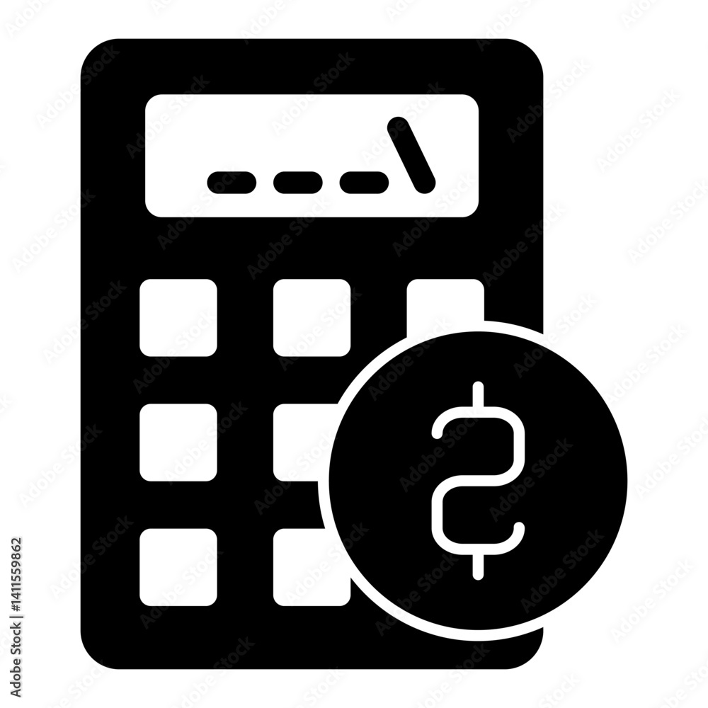 Poster calculator with coin solid icon, finance and accounting concept. vector graphics. counting money sig