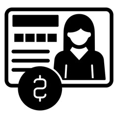 Bank id badge with coin solid icon, bank account concept. Vector graphics. Accounter woman, card sign on white background, glyph style mobile or design.