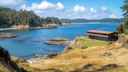 Obraz premium Serene coastal landscape featuring a modern house overlooking a calm blue bay under a clear sky