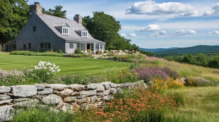 Serene countryside home surrounded by vibrant wildflowers and rolling hills under a blue sky
