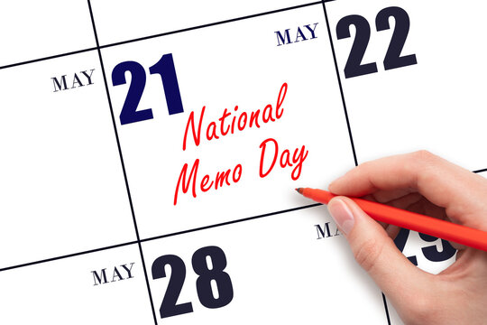 May 21. Hand writing text National Memo Day on calendar date. Save the date. - Powered by Adobe