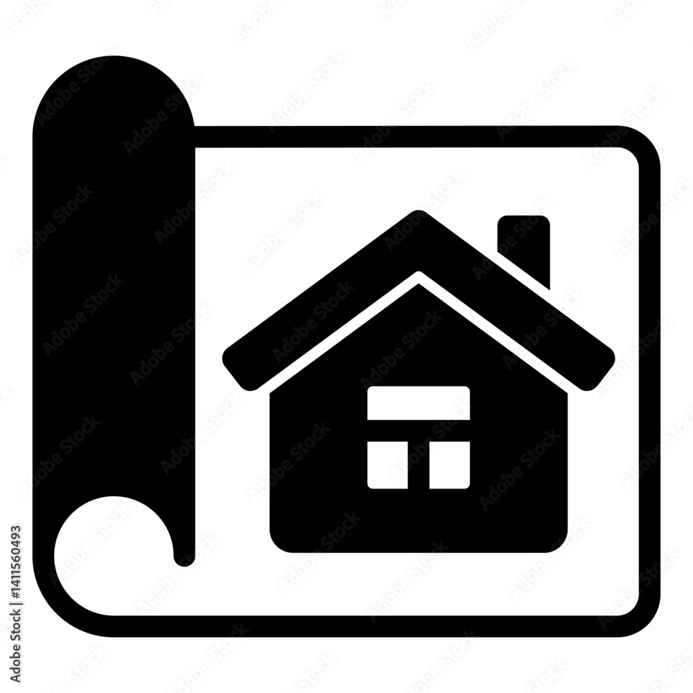 Poster house on blueprint paper solid icon, architecture project concept. vector graphics. cottage building