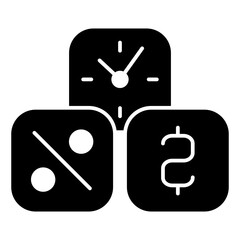 Percent, currency, clock cubes solid icon, bank and finance concept. Vector graphics. Three cube deposit boxes sign on white background, glyph style mobile or design.