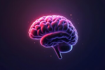 Pixelated Human Brain with Pink and Purple Lighting Symbolizes Intelligence on Dark Purple Background