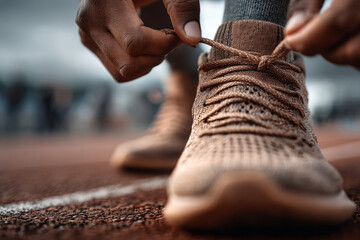 Runner Tying Shoelaces on Track Before Workout