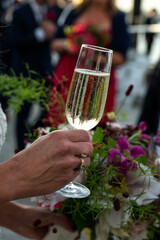 Bride Toasting with Champagne at Elegant Coastal Wedding Recepti