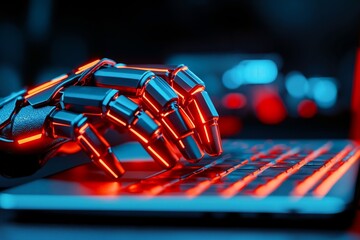 Fototapeta premium A robotic hand on a laptop computer keyboard