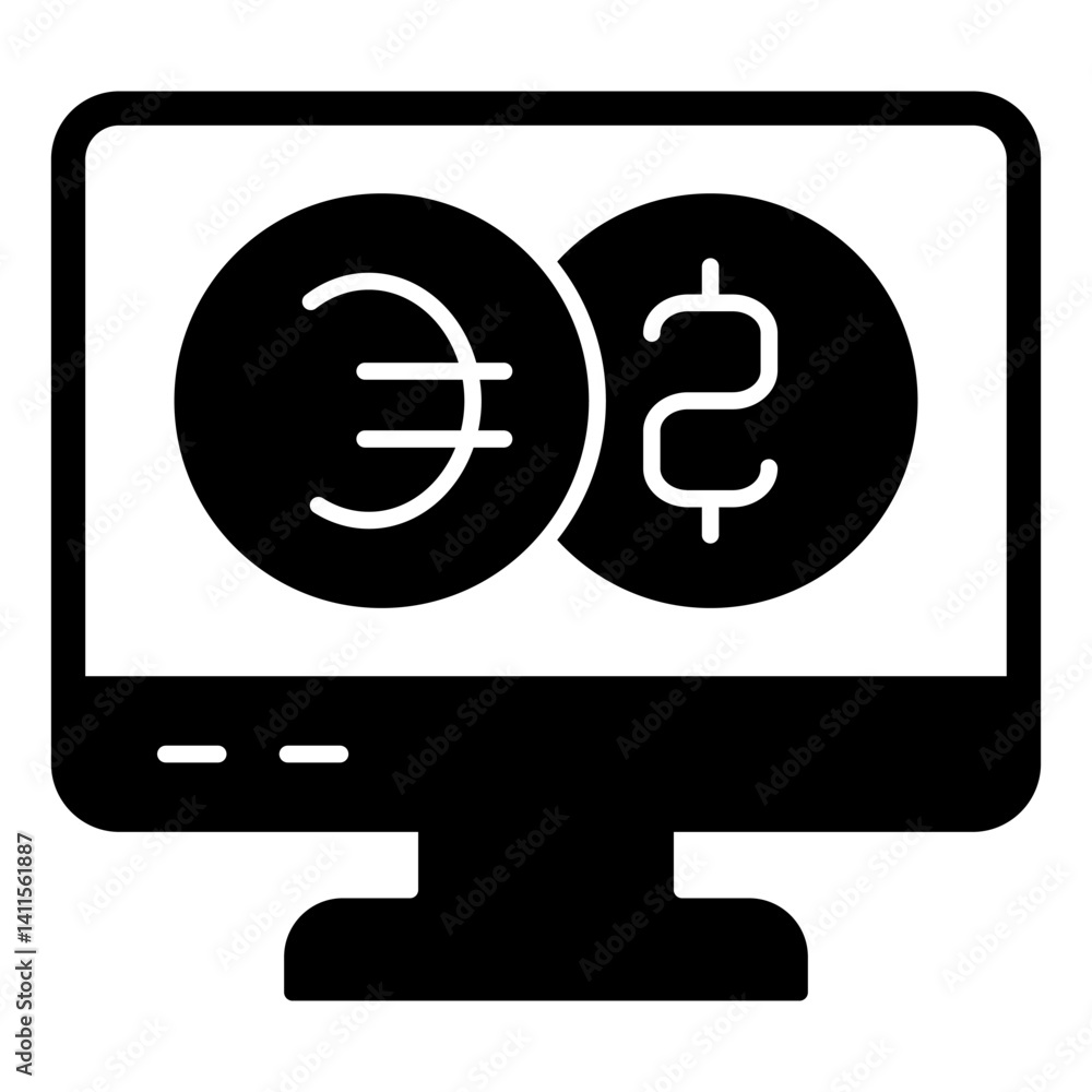 Poster monitor screen with two coins solid icon, banking concept. vector graphics. display with coins app, 