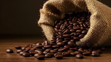 Close-up still life of roasted coffee beans, some nestled in a partially visible burlap sack. The image features soft lighting, a well-balanced composition.