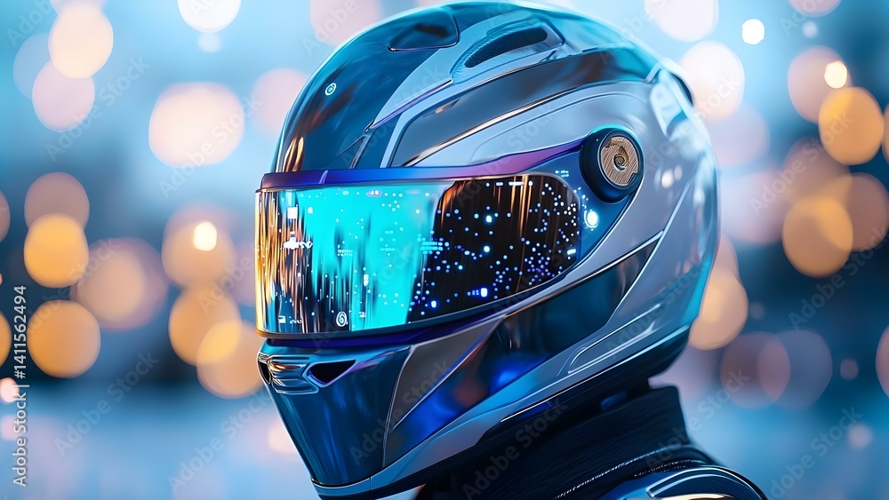 Poster a futuristic helmet with a reflective visor displaying digital patterns and bright bokeh lights in t