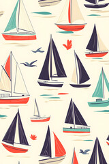 Nautical Seamless Pattern with Boats
 Vector seamless pattern of colorful sailing boats and seagulls on cream background.