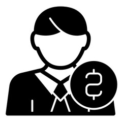 Manager employee man with coin solid icon, financial advice concept. Vector graphics. Person with money sign on white background, glyph style mobile or design.