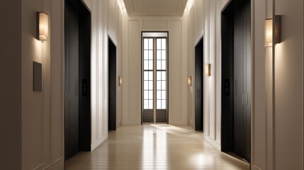 Modern Elevator doors of office or hotel hallway,holiday season decor with christmas tree,Lobby interior, corridor in house with lift,marble elegant lift for passenger or cargo elevators,copy space.