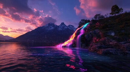Colorful waterfall cascading into lake at sunset mountain landscape