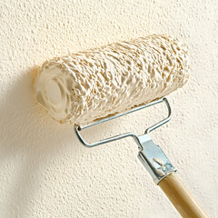 Neutral toned paint roller against white background, interior design concept.