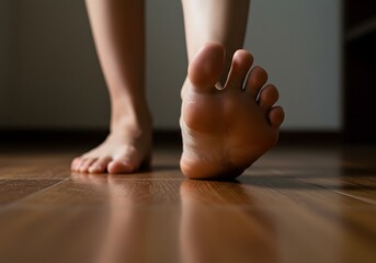 Bare feet walking on wooden floor
