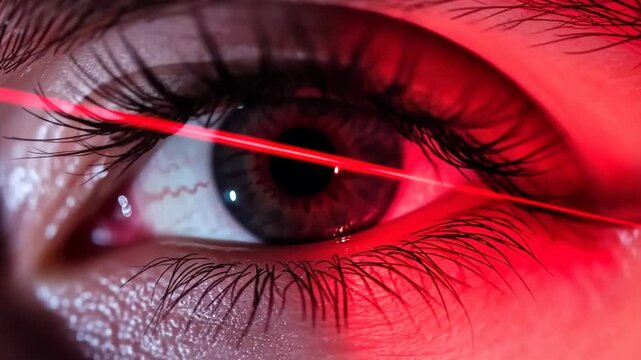 Close up of a Human Eye with Red Laser Light in a Futuristic Setting