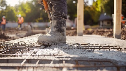 Naklejka premium Construction worker preparing foundation. Outdoor construction site
