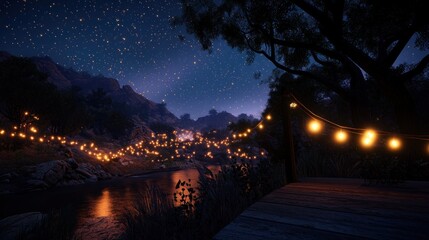 Fototapeta premium Starlit valley, glowing lanterns, river, night view, peaceful village