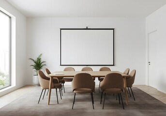 Fototapeta premium Blank frame above modern dining table interior