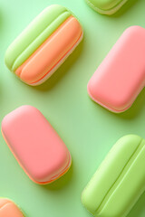 Bold soap bars in pink and green colors arranged in diagonal composition.
