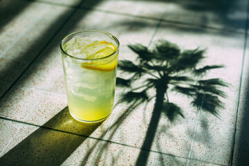 Glass of lemonade with lemon slices in sunlight