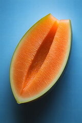 Minimalist close-up of cantaloupe fruit half on vibrant blue surface.
