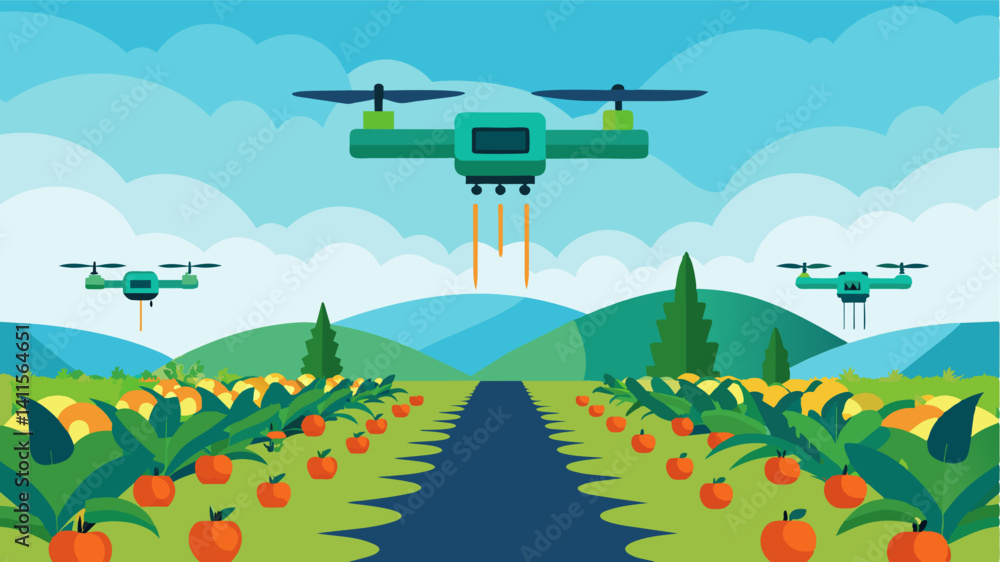 Poster in a vast outdoor field a swarm of autonomous drones fly overhead identifying and sorting vegetables