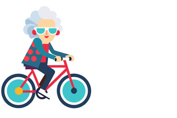 Naklejka premium Funny style senior woman in jacket rides on bicycle