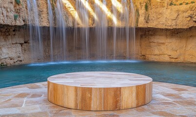 Fototapeta premium Circular platform by tranquil waterfall; serene oasis; product display; background for advertising
