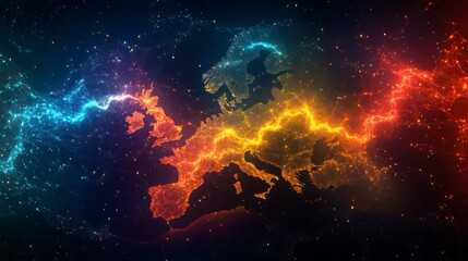 Abstract Glowing Map of Europe in Cosmic Space