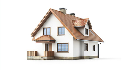 Charming house with gable roof and brick chimney on white background