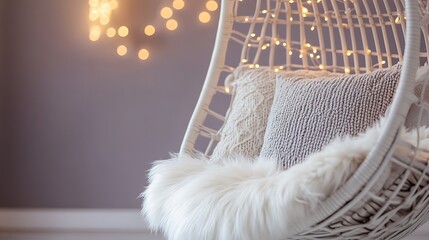 Close up of a white hanging chair with pillows and lights creating a cozy and inviting atmosphere