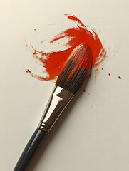 Brush with red paint stroke on neutral beige background, emphasizing texture and color.