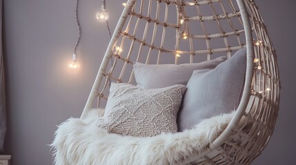 Close up of a hanging chair with pillows and a white fluffy blanket and string lights inside