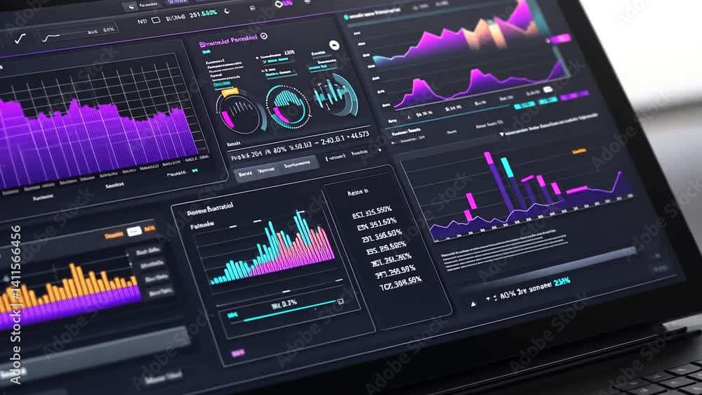 Poster detailed data visualization dashboard screen, showing financial analytics reports