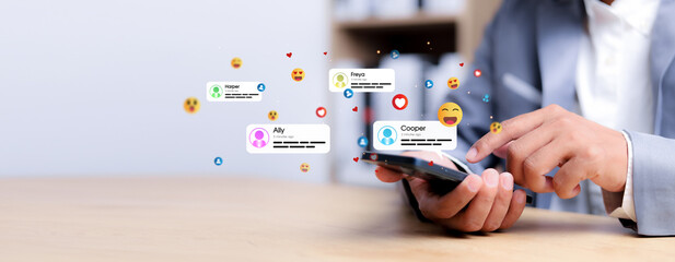 Social media and digital online concept, man using smart phone with Social media. online marketing,...